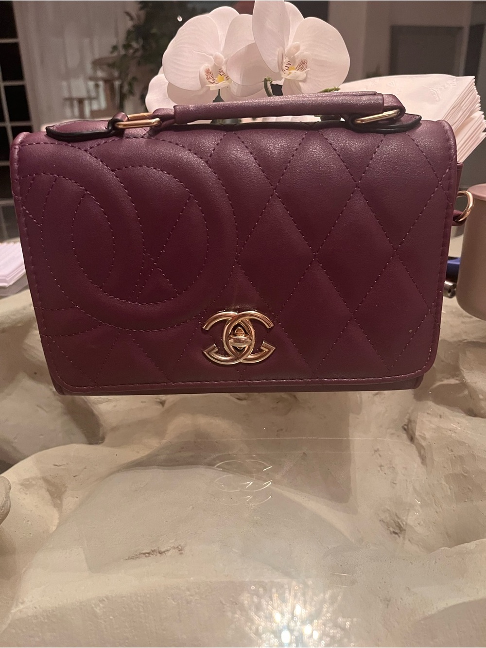 Quilted Shoulder Bag in Deep Plum with Gold Hardware